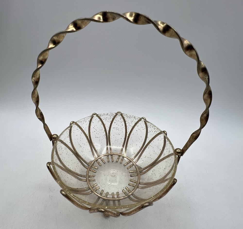 Vintage Atomic Gold Wire Lucite Basket Candy Dish Bowl 8" MCM Glitter Hollywood